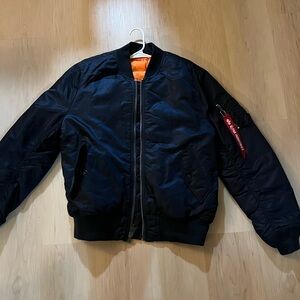 Navy and Orange Bomber Jacket with Ribbed Collar and Cuffs
